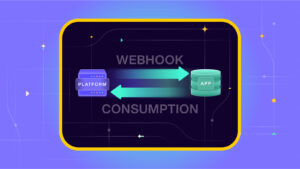 Illustration of a webhook data flow with arrows indicating information transfer from a platform to an app through webhook consumption.
