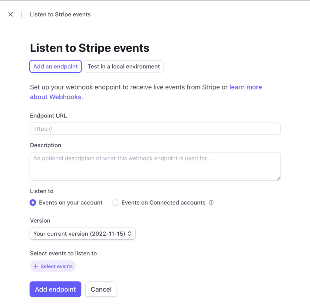 Stripe webhook setup interface with fields for endpoint URL, description, event selection, and version information.